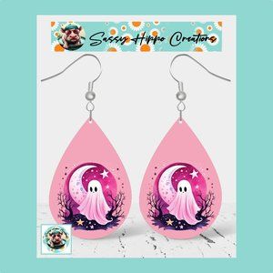 Earrings Pink Ghost Stars and Moon Halloween Hand Sublimated Printed on MDF